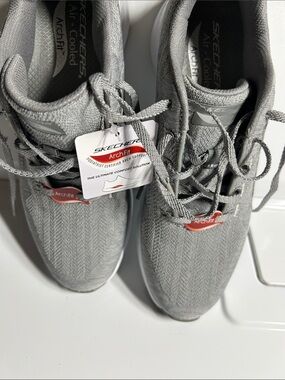 Skechers Arch Fit Lace-Up Sneakers in Gray with Red Accents